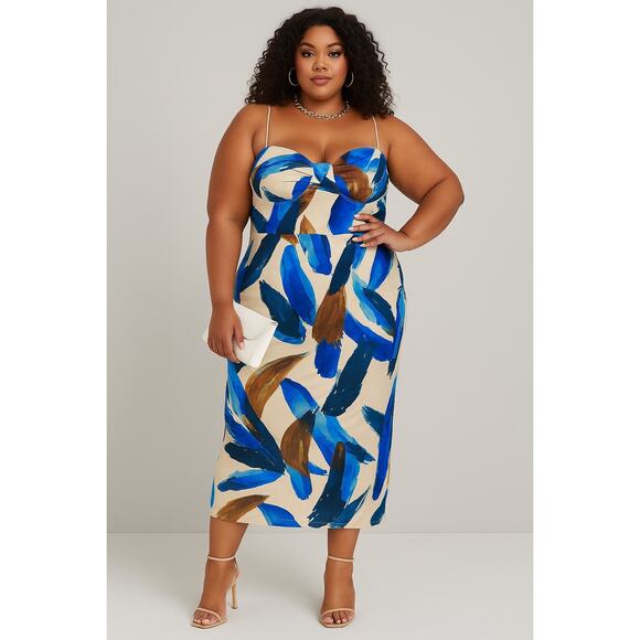 PrettyLittleThing Plus Size 22 Abstract Blue Brushstroke Print Midi Slip Dress - Picture 1 of 7